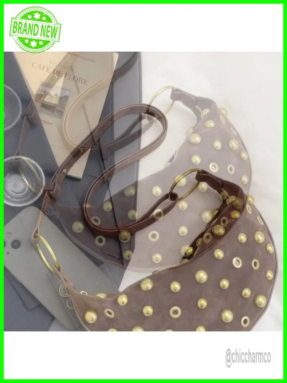 Studded Faux Suede Hobo Crescent Crossbody Bag Shoulder Purse
